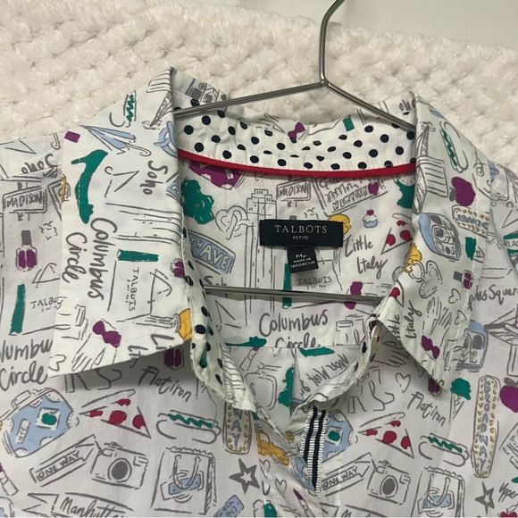 Talbots Top NYC Doodle 100% Cotton Button Front Long Sleeve Shirt Sz MP - Picture 3 of 8
